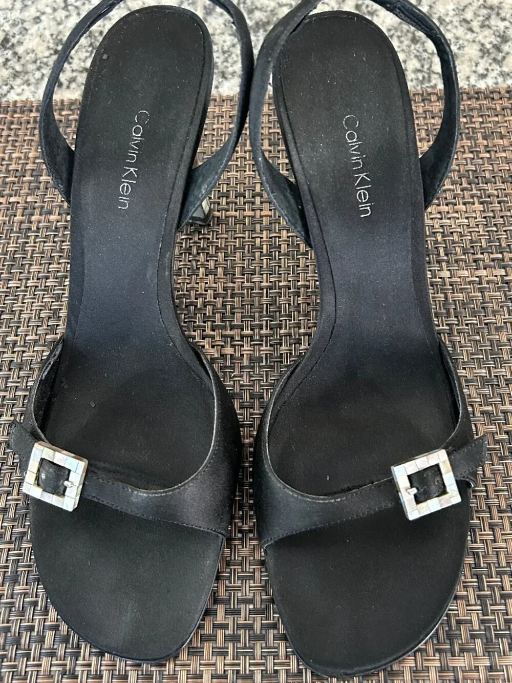 Calvin Klein Black Satin Slingback Sandals with Mosaic Shell Heel - Size 8.5